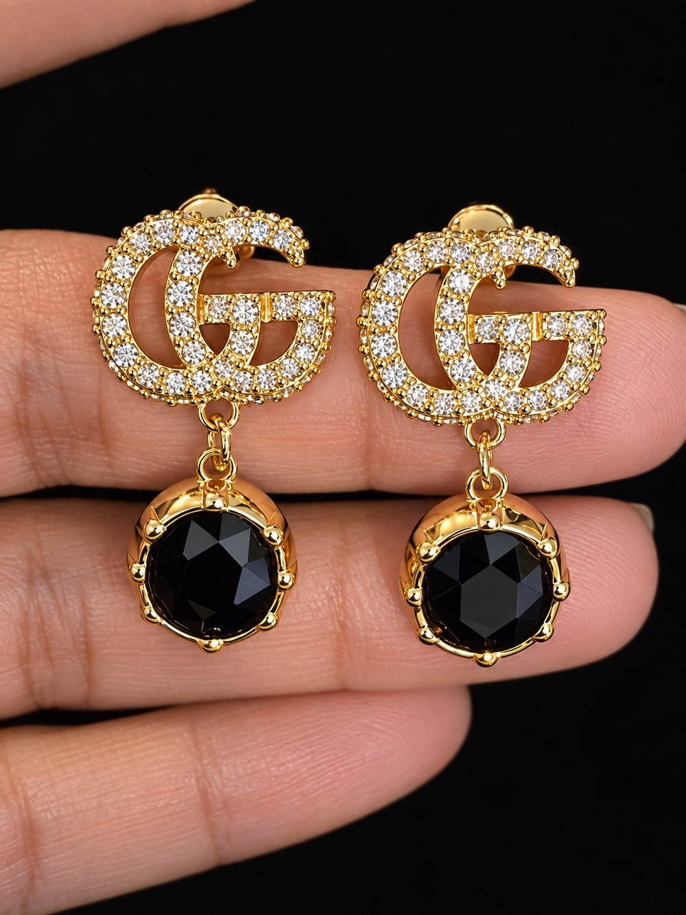 Gucci Gold-Tone Crystal GG Drop Earrings with Black Stone